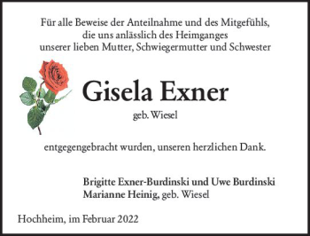 Traueranzeige von Gisela Exner von vrm-trauer Hochheimer Zeitung