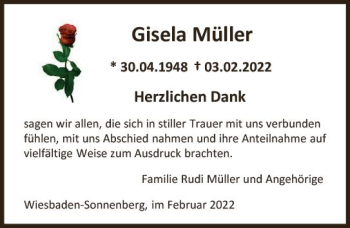 Traueranzeige von Gisela Müller von vrm-trauer Wiesbadener Kurier