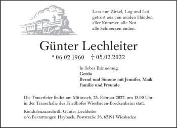 Traueranzeige von Günter Lechleiter von vrm-trauer Wiesbadener Kurier