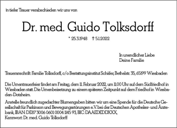 Traueranzeige von Guido Tolksdorff von vrm-trauer Wiesbadener Kurier