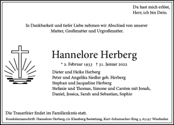 Traueranzeige von Hannelore Herberg von vrm-trauer Wiesbadener Kurier
