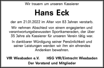 Traueranzeige von Hans Eck von vrm-trauer Wiesbadener Kurier