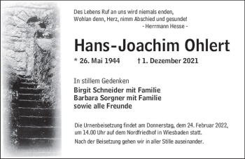Traueranzeige von Hans-Joachim Ohlert von vrm-trauer Wiesbadener Kurier