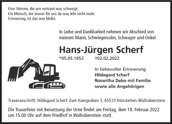 Traueranzeige von Hans-Jürgen Scherf von vrm-trauer Idsteiner Zeitung