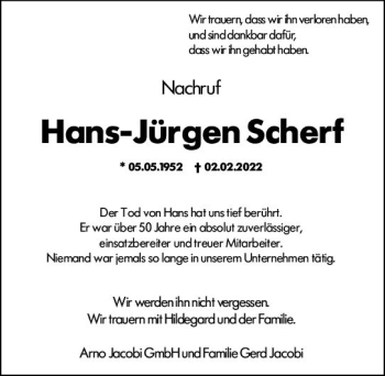 Traueranzeige von Hans-Jürgen Scherf von vrm-trauer Wiesbadener Kurier