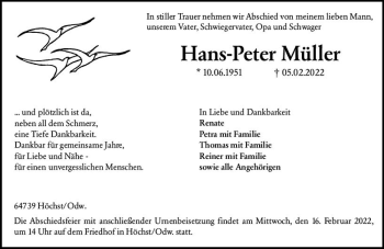 Traueranzeige von Hans-Peter Müller von vrm-trauer Odenwälder Echo