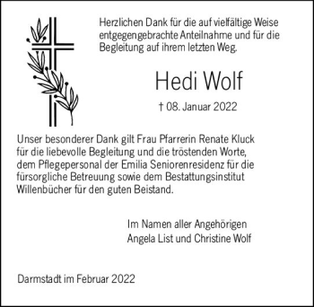 Traueranzeige von Hedi Wolf von vrm-trauer Odenwälder Echo