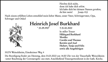 Traueranzeige von Heinrich Josef Burkhard von vrm-trauer AZ Mainz