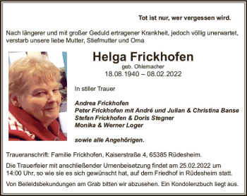 Traueranzeige von Helga Frickhofen von vrm-trauer Rheingau