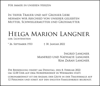 Traueranzeige von Helga Marion Langner von vrm-trauer Wiesbadener Kurier