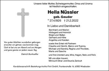 Traueranzeige von Hella Nüssler von vrm-trauer Wiesbadener Kurier