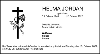 Traueranzeige von Helma Jordan von vrm-trauer Hochheimer Zeitung