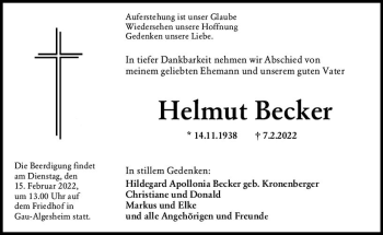 Traueranzeige von Helmut Becker von vrm-trauer Allgemeine  Zeitung Ingelheim-Bingen