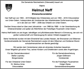Traueranzeige von Helmut Neff von vrm-trauer Odenwälder Echo