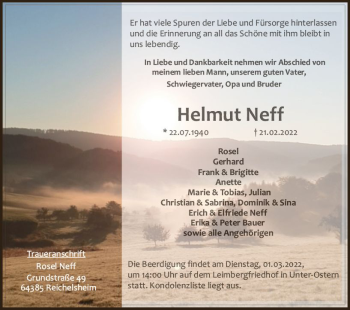 Traueranzeige von Helmut Neff von vrm-trauer Odenwälder Echo