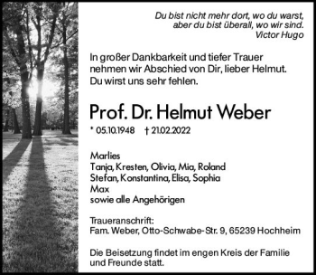 Traueranzeige von Helmut Weber von vrm-trauer Wiesbadener Kurier