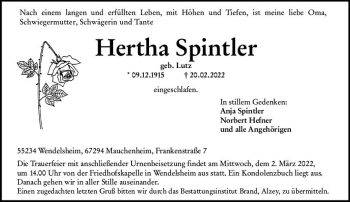 Traueranzeige von Hertha Spintler von vrm-trauer Allgemeine Zeitung Alzey