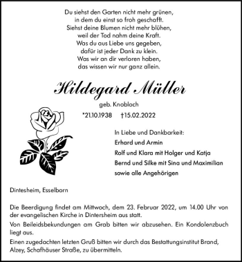 Traueranzeige von Hildegard Müller von vrm-trauer Allgemeine Zeitung Alzey