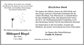 Traueranzeige von Hildegard Riegel von vrm-trauer Wiesbadener Kurier