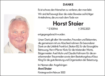 Traueranzeige von Horst Staier von vrm-trauer Odenwälder Echo