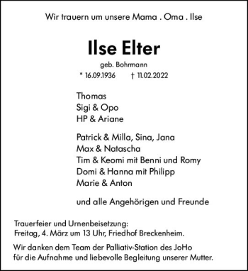 Traueranzeige von Ilse Elter von vrm-trauer Wiesbadener Kurier