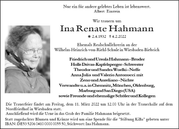 Traueranzeige von Ina Renate Hahmann von vrm-trauer Wiesbadener Kurier