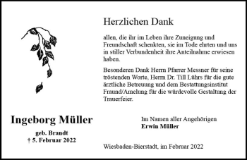 Traueranzeige von Ingeborg Müller von vrm-trauer Wiesbadener Kurier