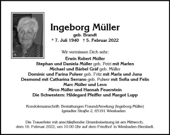 Traueranzeige von Ingeborg Müller von vrm-trauer Wiesbadener Kurier