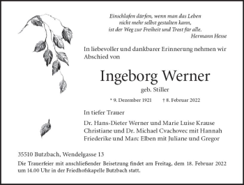 Traueranzeige von Ingeborg Werner von vrm-trauer Wiesbadener Kurier