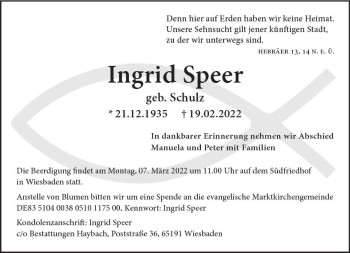 Traueranzeige von Ingrid Speer von vrm-trauer Wiesbadener Kurier