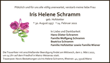 Traueranzeige von Iris Helene Schramm von vrm-trauer AZ Mainz