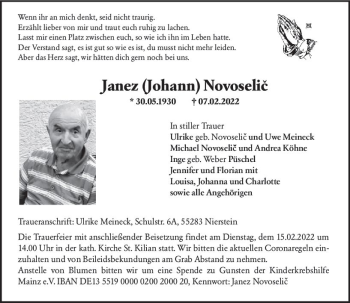 Traueranzeige von Janez Novoselic von vrm-trauer AZ Mainz