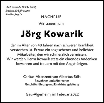 Traueranzeige von Jörg Kowarik von vrm-trauer Allgemeine  Zeitung Ingelheim-Bingen