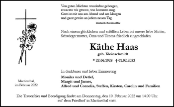 Traueranzeige von Käthe Haas von vrm-trauer Wiesbadener Kurier