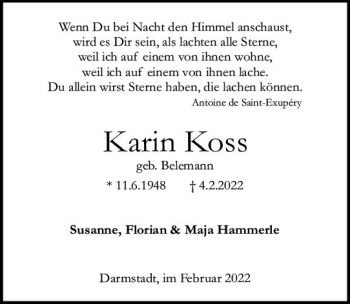 Traueranzeige von Karin Koss von vrm-trauer Darmstädter Echo