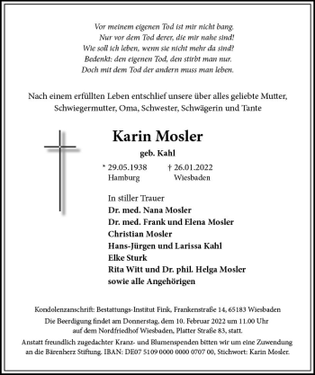Traueranzeige von Karin Mosler von vrm-trauer Wiesbadener Kurier
