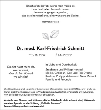 Traueranzeige von Karl-Friedrich Schmitt von vrm-trauer Allg. Zeitung Bad Kreuznach