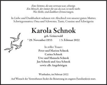 Traueranzeige von Karola Schnok von vrm-trauer Wiesbadener Kurier