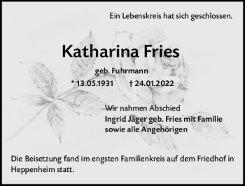 Traueranzeige von Katharina Fries von vrm-trauer Bürstädter/Lamperth. Ztg/Starkenburger