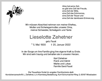 Traueranzeige von Lieselotte Zehetner von vrm-trauer Wiesbadener Kurier