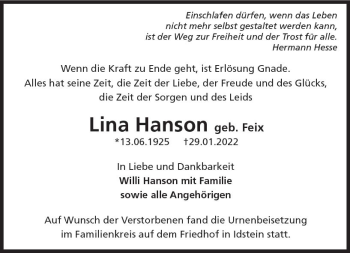 Traueranzeige von Lina Hanson von vrm-trauer Idsteiner Zeitung