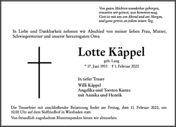 Traueranzeige von Lotte Käppel von vrm-trauer Wiesbadener Kurier