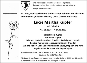 Traueranzeige von Lucie Martha Kupfer von vrm-trauer Wiesbadener Kurier