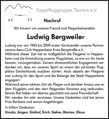 Traueranzeige von Ludwig Bergweiler von vrm-trauer Bürstädter/Lamperth. Ztg/Starkenburger