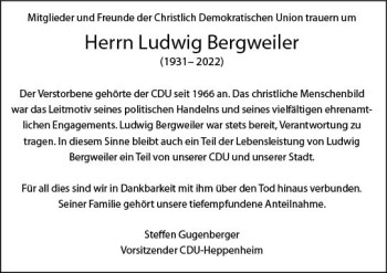 Traueranzeige von Ludwig Bergweiler von vrm-trauer Bürstädter/Lamperth. Ztg/Starkenburger