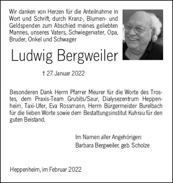 Traueranzeige von Ludwig Bergweiler von vrm-trauer Darmstädter Echo