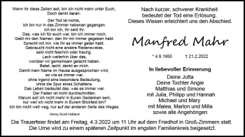 Traueranzeige von Manfred Mahr von vrm-trauer Darmstädter Echo
