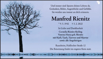 Traueranzeige von Manfred Rienitz von vrm-trauer Rüsselsheimer Echo / MainSpitze