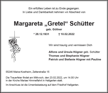 Traueranzeige von Margareta Schütter von vrm-trauer Wiesbadener Kurier