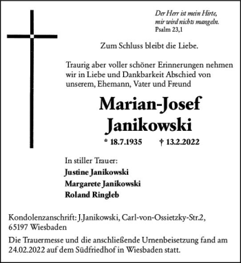 Traueranzeige von Marian-Josef Janikowski von vrm-trauer Wiesbadener Kurier